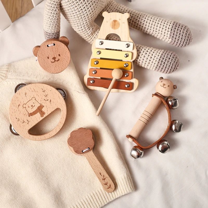 Kids Wooden Montessori Toys Musical Instruments Rattle Bell