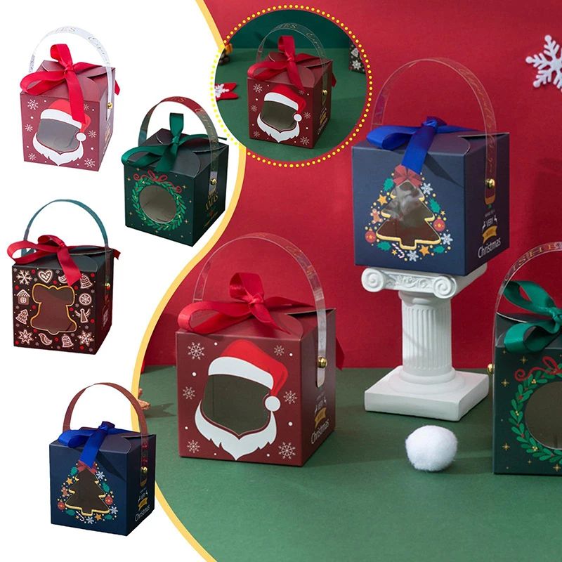 5pcs Christmas Paper Box with Window Handle Candy Gift Packa