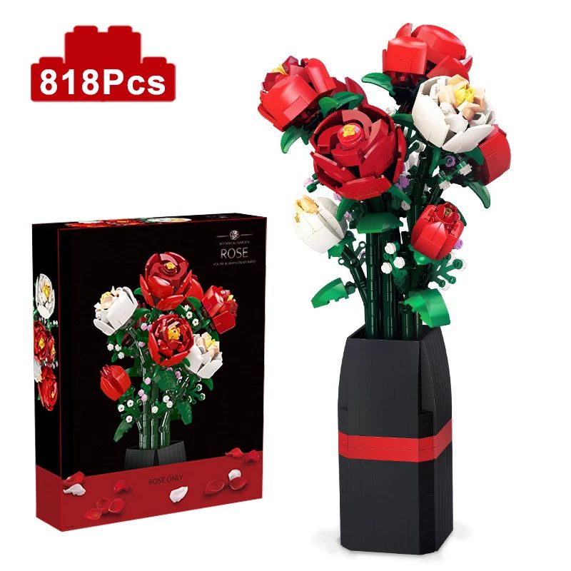 Creative Red Rose Vase Plants Model Building Blocks Moc Roma