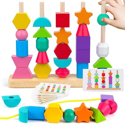 Montessori Wooden Beads Sequencing Toy Stacking Blocks & Lac