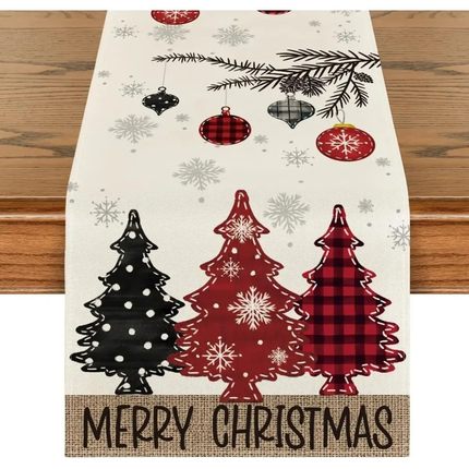 Merry Christmas Red Pine rees Linen Table Runner Winter Xmas