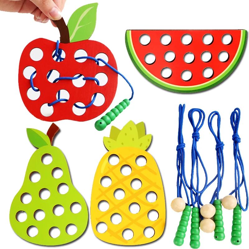 Wooden Lacing Toy Educational Fruits Threading Activity Puzz