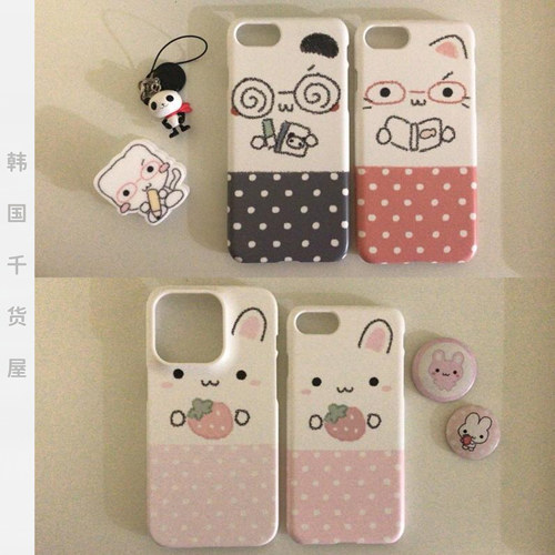 hinaku韩国代购ins风可爱草莓兔子猫咪手绘风菲林壳半包手机壳