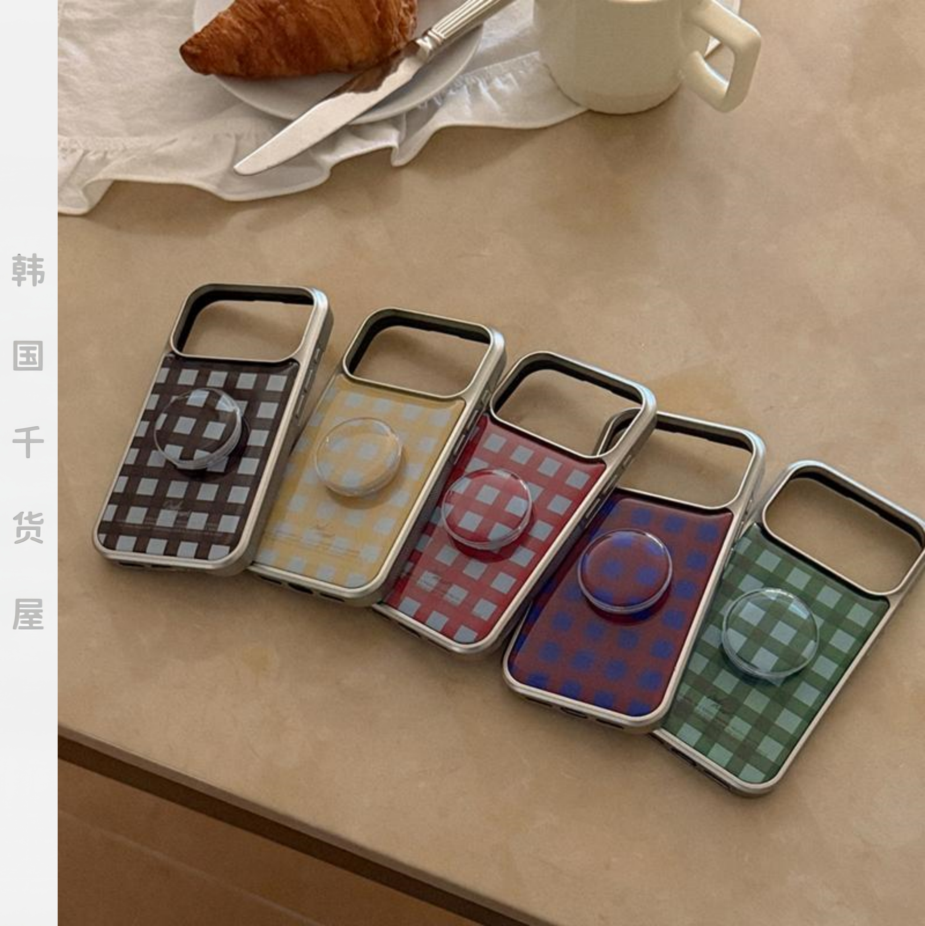 mademoment韩国代购ins风秋冬格纹银边滴胶壳全包手机壳黑边硬壳