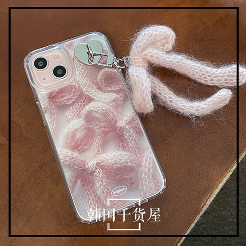 韩国delphin正品代购ins风小众设计蝴蝶结针织图案透明全包手机壳