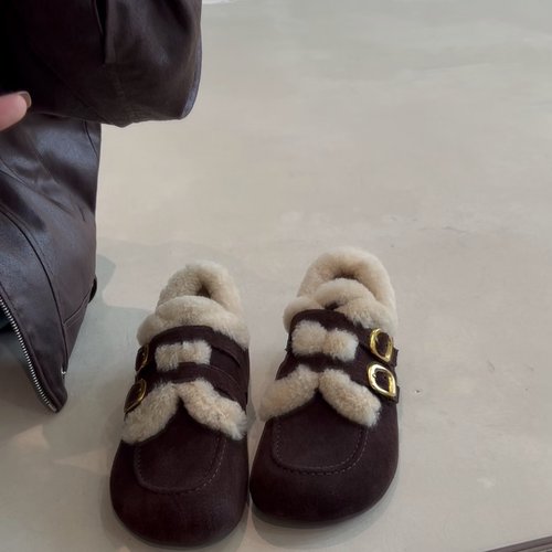 复古圆头加绒保暖毛毛厚底勃肯鞋