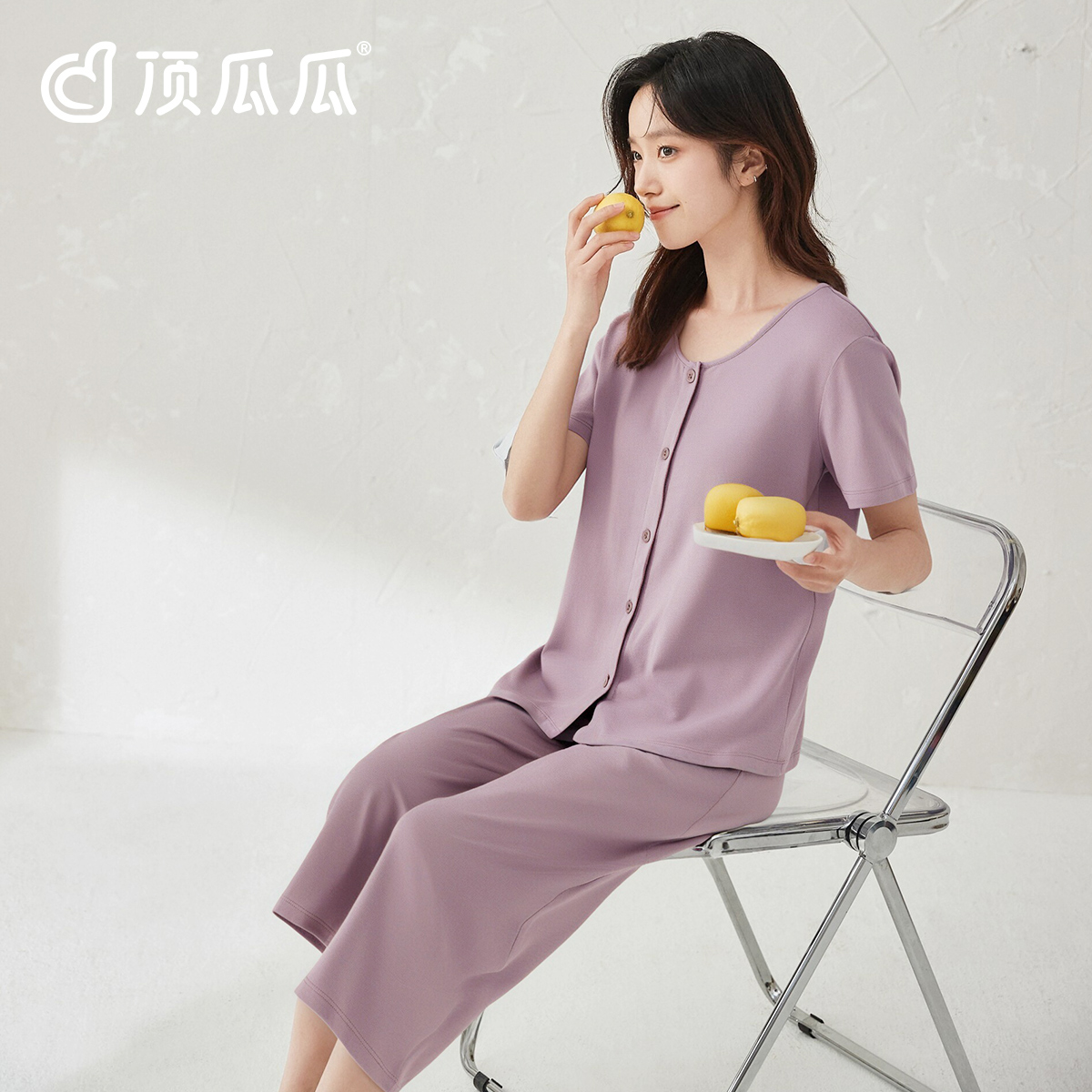 顶瓜瓜女士纯棉短袖七分裤睡衣