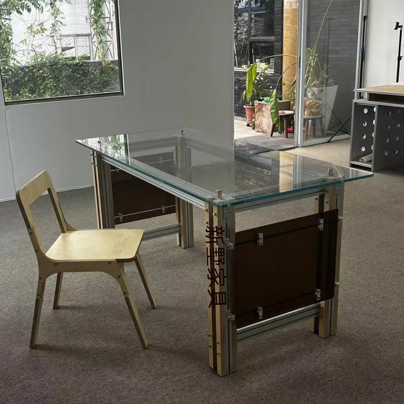 设计师创意玻璃方形长桌北欧轻奢家用办公书桌简约ins会议洽谈桌