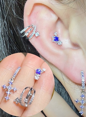 耳骨钉耳屏紫色锆石仿澳宝甜酷ins螺旋耳堵螺丝睡觉不用摘十字架