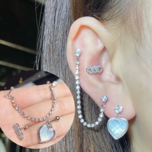CC韩国耳骨钉耳屏耳蜗钉爱心链条y2k甜妹甜酷ins螺旋耳堵超闪