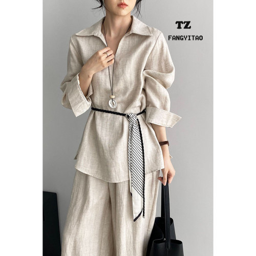 原创实拍长袖衬衫+阔腿裤两件套