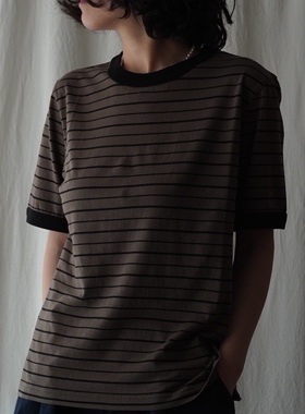 耐看型选手MH棉麻两色百搭条纹圆领宽松短袖T恤女