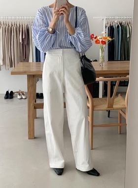 极简好搭设计师品牌leau腰部可调节水洗棉高腰白色直筒阔腿裤