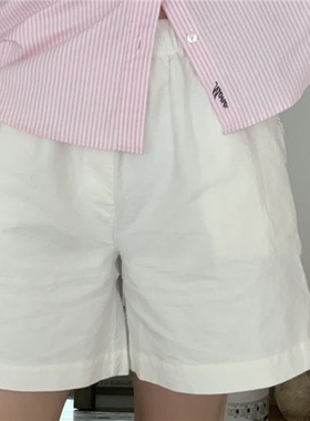 夏日恋曲东大门夏季新款Mo*e白色刺绣棉宽松休闲松紧腰短裤