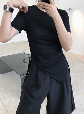 实用主义小众设计新款不规则抽绳圆领短袖T恤修身显瘦上衣女