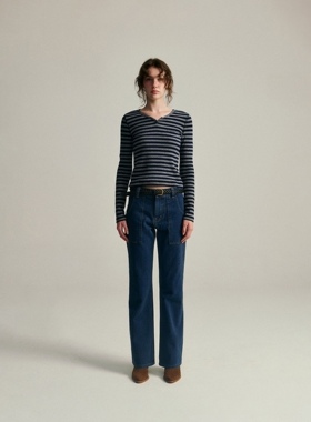 裤型超绝theBarn*et新款复古深蓝大口袋直筒高腰微喇牛仔长裤