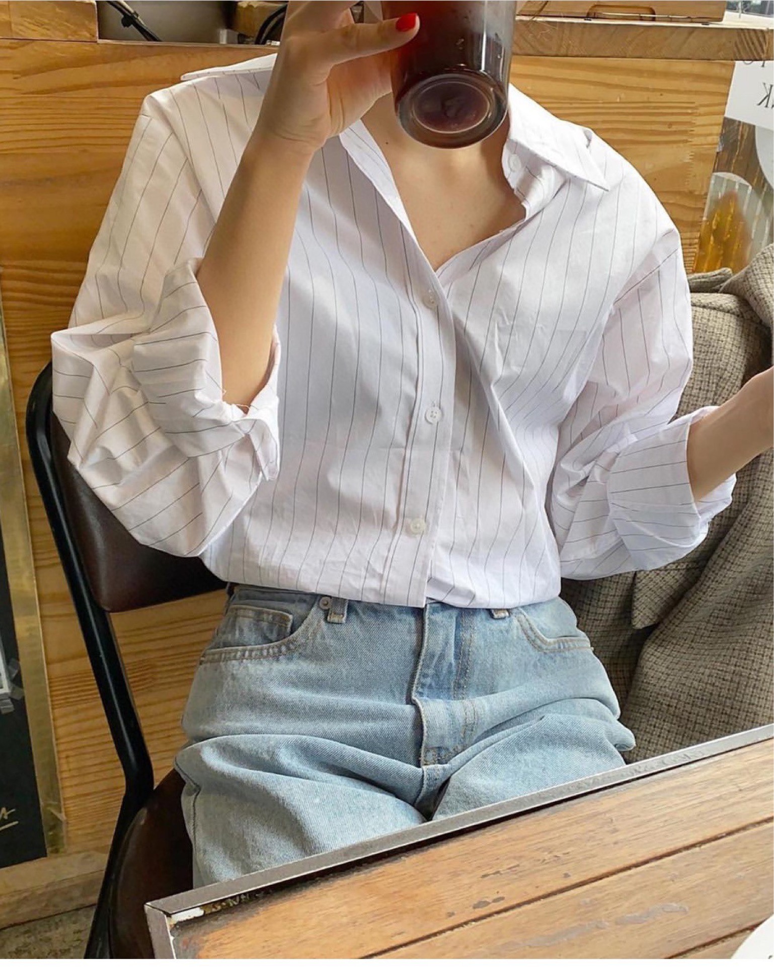 女友清浅蓝白条纹衬衫春季新品