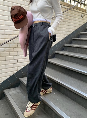 温暖百搭韩国东大门冬季modestmo*d灰色毛呢半松紧宽松休闲西装裤