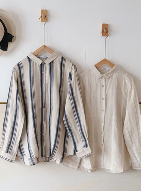 衬衫 日系翻领条纹拼色宽松百搭长袖柔软亚麻小众上衣女19027