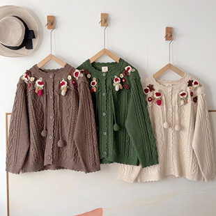 毛衣 熊姑娘森日系圆领手作草莓花朵宽松百搭长袖针织开衫25268