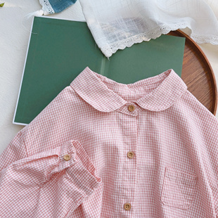 2025新初见沫森日系小清新细格子彼得潘领宽松减龄棉布衬衫 女5131
