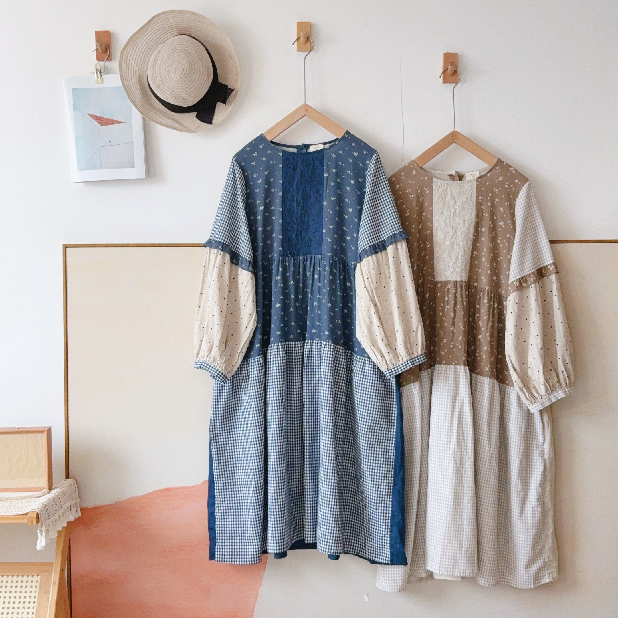 连衣裙熊姑娘日系复古碎花格子拼接宽松百搭小众长袖裙子06592013