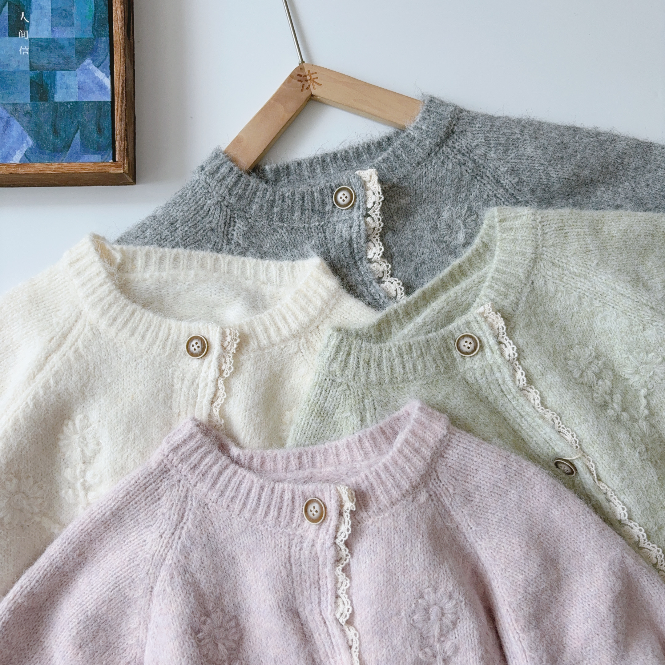 毛衣 初见沫日系甜美小钩立体花拼蕾丝柔软宽松小众针织衫JYZ9659