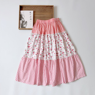 半身裙日系文艺草莓格子波点印花拼接宽松百搭小众裙子长裙女2520