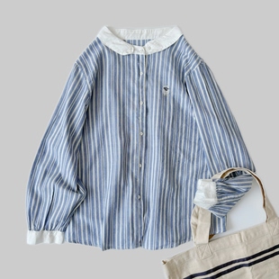 衬衫 上衣7300 初见沫日系甜美娃娃领刺绣条纹宽松棉布小众长袖