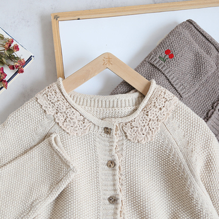 毛衣外套女9028 开衫 2026新 麻豆日系拼花边领口袋绣樱桃针织长袖