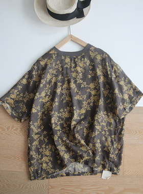 短袖上衣 日系复古轻文艺圆领印花轻薄苎麻宽松百搭小众衬衫25470