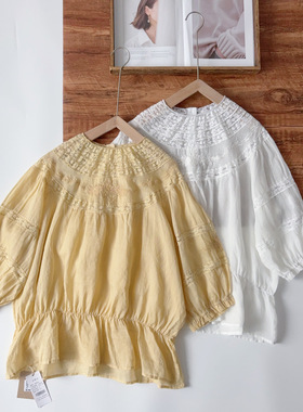 衬衫熊姑娘日系文艺复古领口刺绣拼接宽松百搭小众苎麻小衫女6