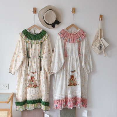 连衣裙 初见沫日系复古文艺休闲百搭双层娃娃领绣花长袖裙子39806