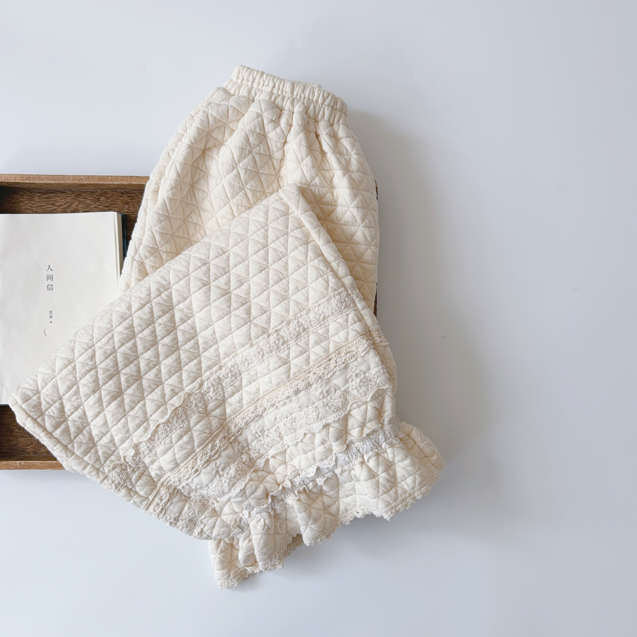 裤子熊姑娘森日系自然腰菱格带里衬柔软棉质拼花边休闲裤06592055