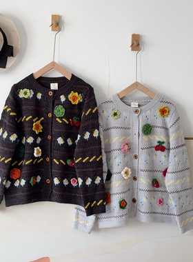 毛衣 熊姑娘森日系圆领手作花朵提花宽松长袖小众针织上衣女77615