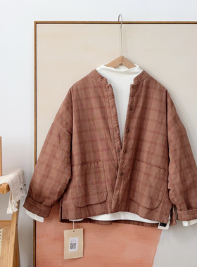 棉服 初见沫日系复古圆领格子宽松百搭柔软小众夹棉外套女24601