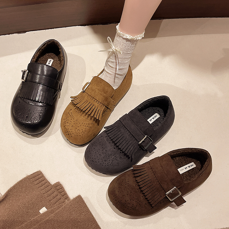 复古布洛克流苏小皮鞋女2025冬季加绒棉鞋乐福鞋一脚蹬软底勃肯鞋