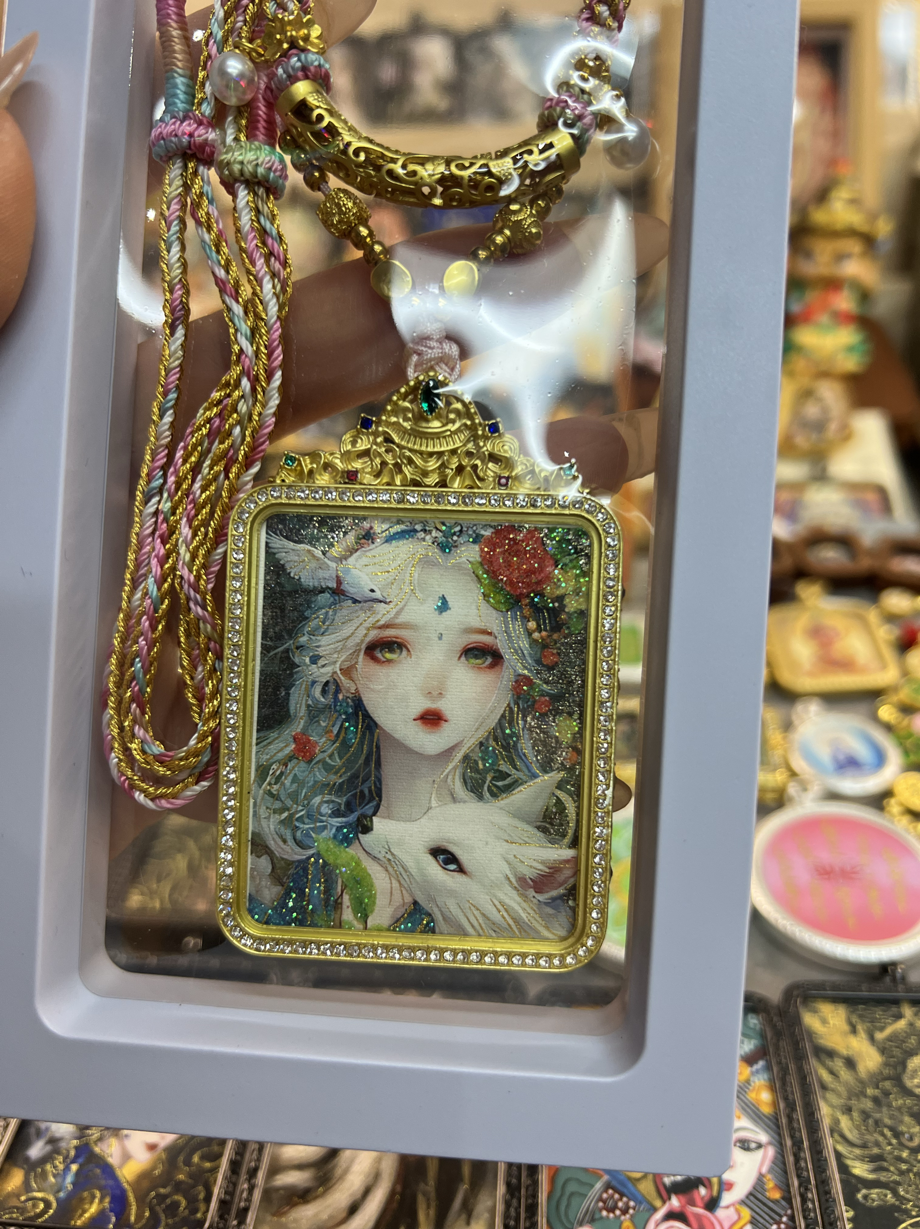 半手绘手工描金双面九尾狐钻石唐卡吊坠旺姻缘平安转运送绳