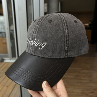 韩系字母刺绣拼接棒球帽女秋冬新款皮帽檐复古时尚百搭鸭舌帽潮