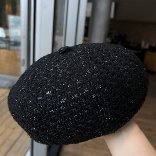 新款 优雅显气质八角蓓蕾帽 25秋冬格纹小香风贝雷帽女黑色复古时尚