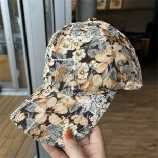 街头时尚 花朵灯芯绒棒球帽男女韩版 百搭鸭舌帽遮阳帽 新款 2024韩版