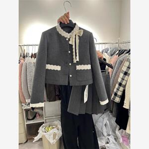 法式洋气百褶裙羽绒小香风套装女甜美风修身毛呢外套A字裙两件套