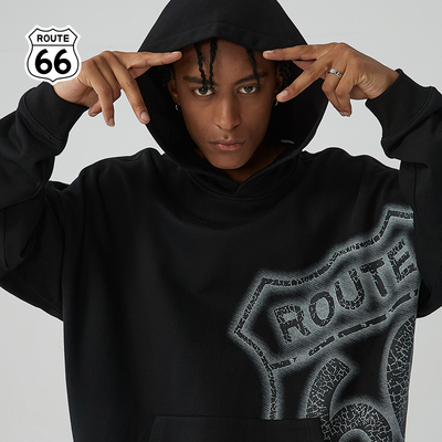 ROUTE66美式潮牌秋冬季新款重磅连帽卫衣男印花上衣运动休闲卫衣