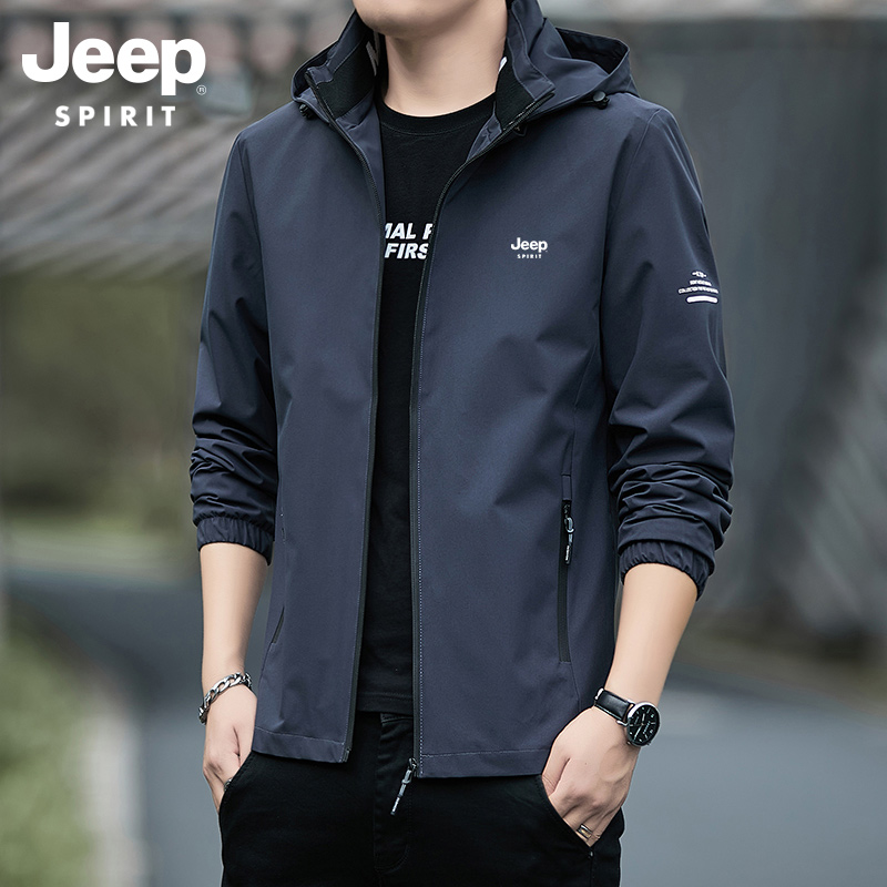 吉普外套男春秋季2025新款宽松休闲风衣户外防风连帽外套男装上衣