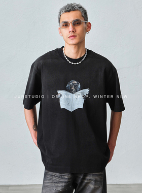 JUPSTUDIO小众设计感小狗印花短袖T恤男士宽松百搭黑色潮牌上衣