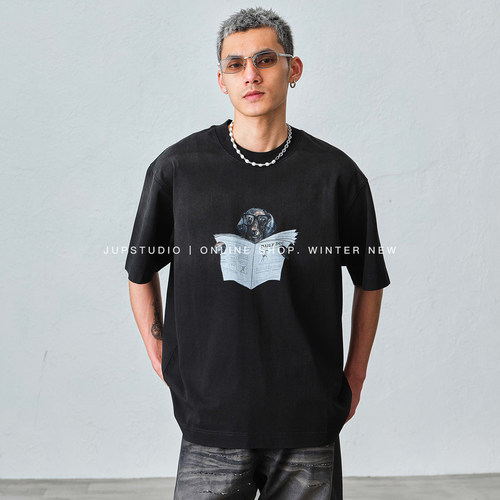 JUPSTUDIO小众设计感小狗印花短袖T恤男士宽松百搭黑色潮牌上衣