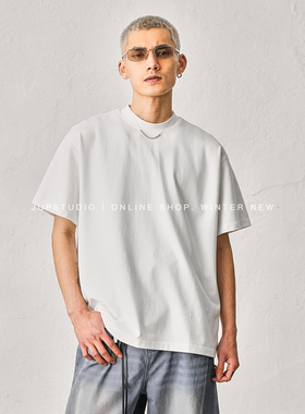 JUPSTUDIO极简风圆领短袖T恤男宽松落肩袖重磅面料灰色男士上衣