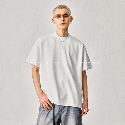 JUPSTUDIO极简风圆领短袖T恤男宽松落肩袖重磅面料灰色男士上衣