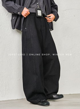 JUPSTUDIO立体裁剪条纹休闲裤男宽松直筒阔腿长裤黑色帅气阔腿裤