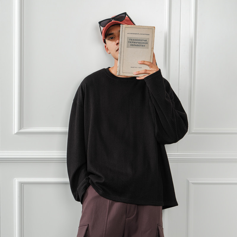 JUP美式休闲条纹肌理感内搭长袖t恤男秋冬宽松垂感打底衫慵懒上衣